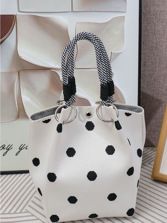 Zenana Outfitters Handbags - Zenana Outfitters Black & White Polka Dot Tote with Braided Rope Handles